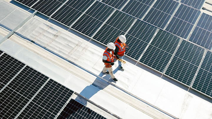 Two workers in safety gear walking along two arrays of solar panels