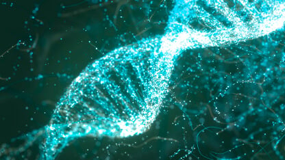 An artistic representation of a DNA molecule comprised of dots coloured in shades of white to turquoise against a dark background