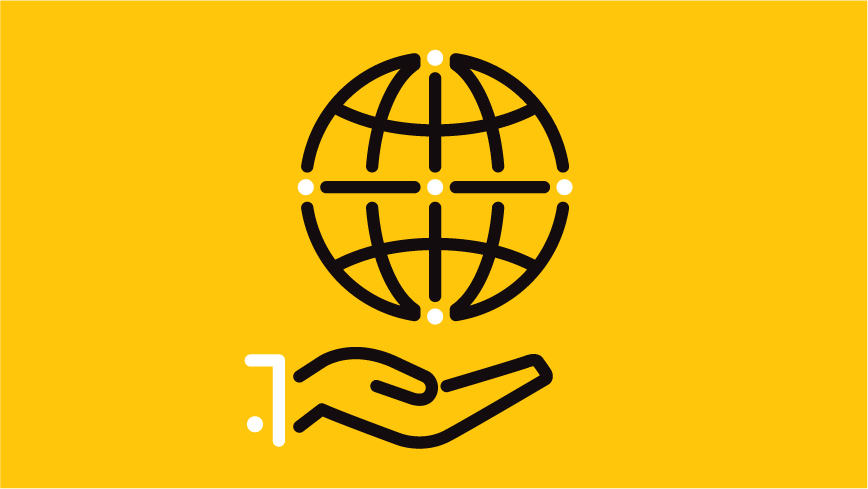 An icon of a globe, with a hand underneath implying global assurance. Yellow background.