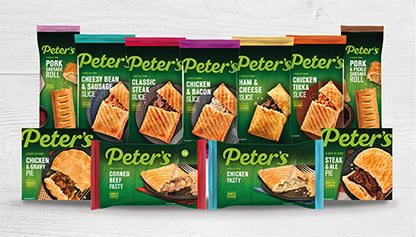 The content of the image includes a variety of snack foods like pork sausage roll, cheesy bean and sausage, chicken steak and gravy pie, beef pasty, and more from Peter's brand. The tags associated with the image are snack, food, snack food, convenience food, fast food, bread, and sandwich.