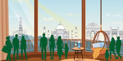 Illustration showing silhouettes of people looking out three windows, each with a famous tourist attraction