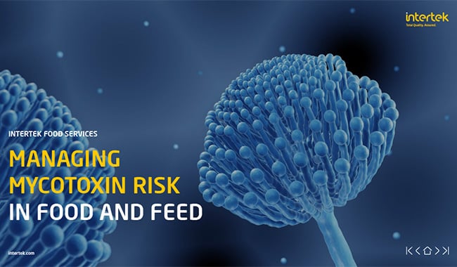 E-book: Managing mycotoxin risk in food and feed. The cover of the ebook shows an blue, abstract image of mycotoxin, a secondary toxic metabolite