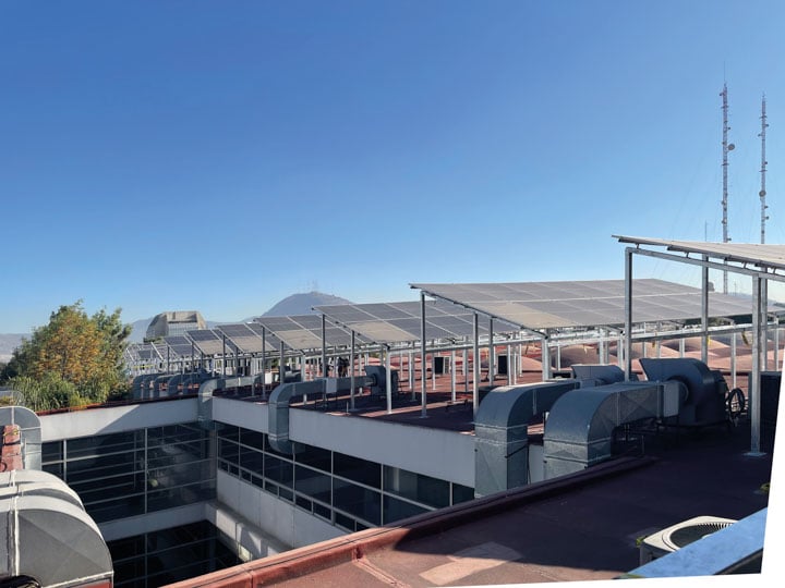 Solar panels on commercial building rooftop