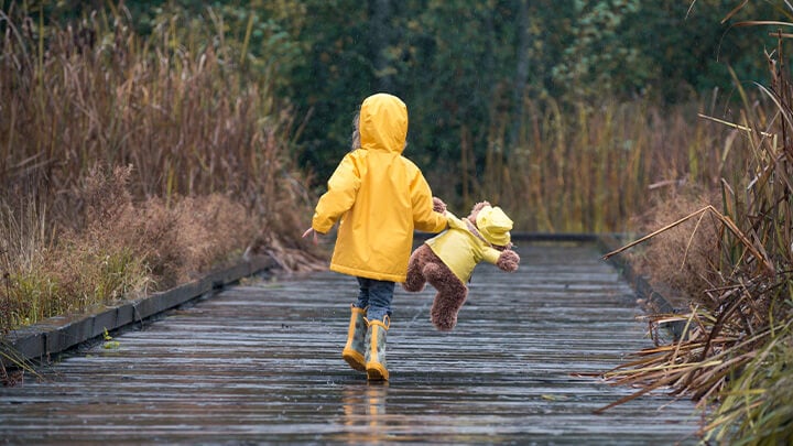 Child with teddy bear wearing raincoat walking along a path