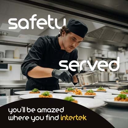 Chef plating food in a commercial kitchen with the text "safety served" and Intertek branding.