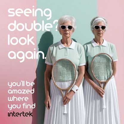 Two identically dressed women holding tennis rackets